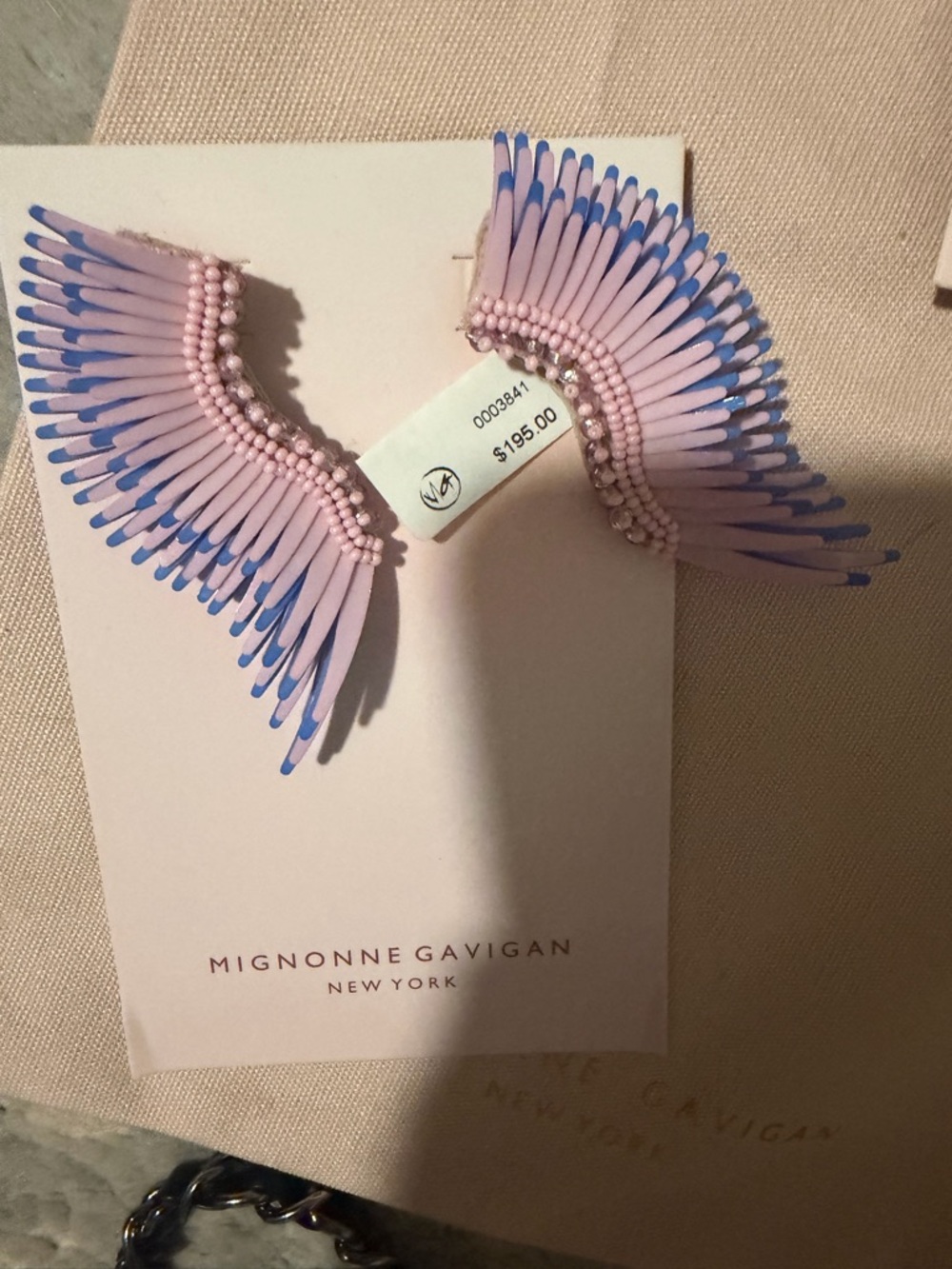 Mignonne Gavigan Midi Pink and Blue Fringe Wing Earrings